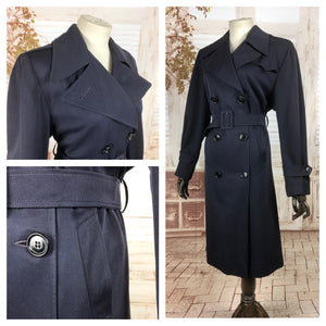 Original 1940s 40s Vintage Navy Blue Gabardine Belted Rain Mac Coat