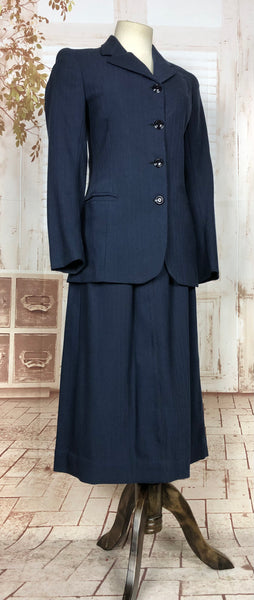 Wonderful Original 1940s Vintage Navy Blue Chalk Stripe Skirt Suit