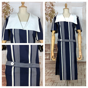 Stunning Original 1920s Art Deco Blue And White Striped Cotton Flapper Dress With Huge Collar