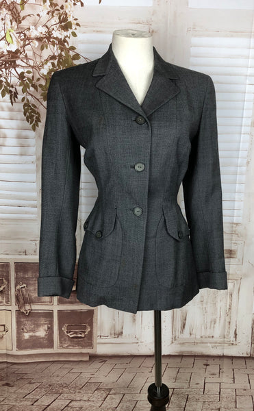 Original 1940s 40s Grey Wool Suit Jacket With Gorgeous Pockets