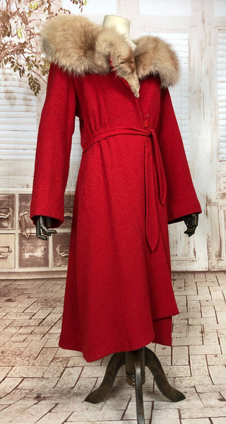 Incredible Original Red 1940s 40s Vintage Belted Princess Coat With Huge Fox Fur Collar