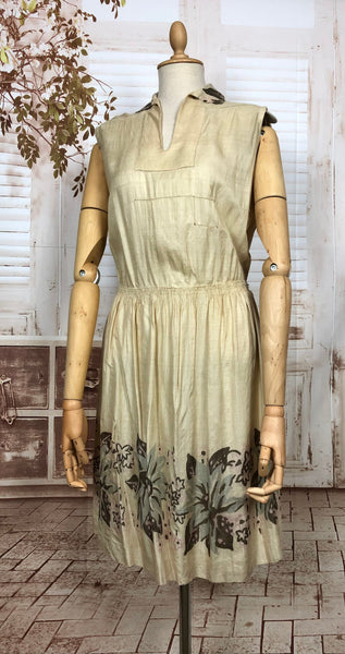Exceptional Original 1920s Art Deco Pongee Silk Dress With Hand Painted Flowers
