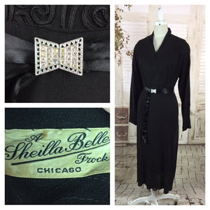 LAYAWAY PAYMENT 2 OF 2 - RESERVED FOR JODY - Original 1930s Vintage Black Crepe Dress With Diamante Satin Belt And Soutache Panels By Sheilla Belle Chicago