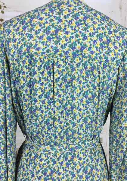 Original 1940s Vintage Volup Floral Blue Yellow Green Print Rayon Crepe Dress With Tie Belt