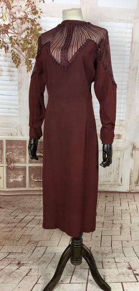 Original 1930s 30s Volup Vintage Burgundy Dress With Illusion Neckline And Rouleau Details
