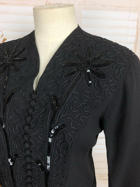 Incredible Original 1940s 40s Vintage Black Crepe Jacket With Soutache Embroidery And Sequins