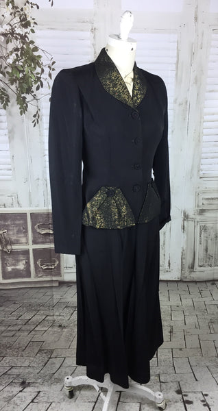 Original 1940s Black Faille Vintage Skirt Suit With Gold Lurex Collar And Pockets