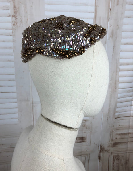 Original 1950s 50s Vintage Iridescent Silver Sequin And Bronze Bead Ladies Half Hat