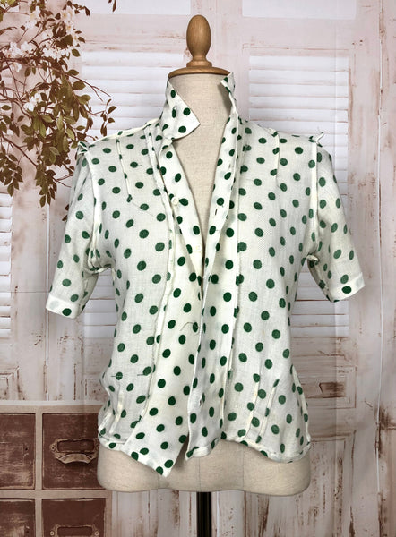 Fabulous Original Early 1950s Vintage Green And White Polka Dot Aertex Blouse
