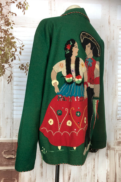 Rare Original Vintage 1940s 40s Green Embroidered Mexican Tourist Jacket