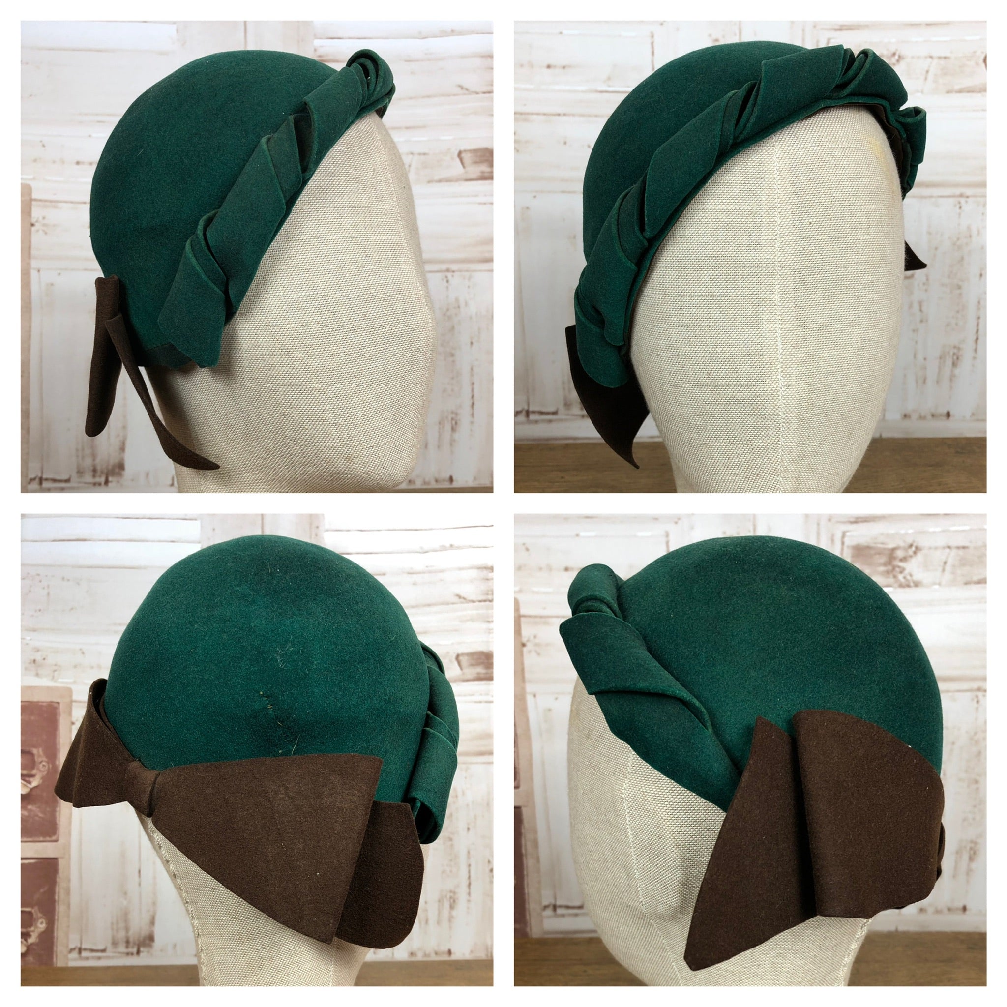 Super Cute Original 1930s Vintage Forest Green Cap With Rolled Brim