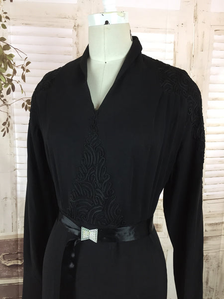 LAYAWAY PAYMENT 2 OF 2 - RESERVED FOR JODY - Original 1930s Vintage Black Crepe Dress With Diamante Satin Belt And Soutache Panels By Sheilla Belle Chicago