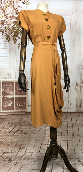 Incredible Original 1940s 40s Vintage Turmeric Yellow Crepe Dress With Fabulous Buttons And Draping