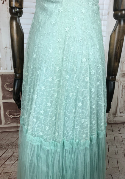 Original 1940s 40s Vintage Mint Green Lace Gown And Jacket Set With Glass Buttons