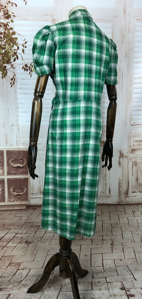 Fabulous Original Volup Vintage Late 1930s 30s Early 1940s 40s Green Plaid Dress With Puff Sleeves