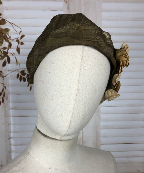 Original 1920s 20s Vintage Striped Lamé Cloche Flapper Hat With Huge Flowers