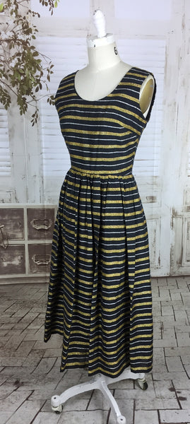 Original 1950s Black Silk Mix Dress With Silver And Gold Lurex Stripes By Trina Lewis