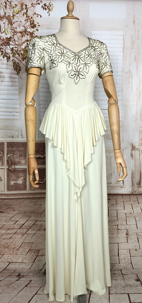 Incredible Original Late 1930s / Early 1940s White Evening Gown / Wedding Dress With Lamé Soutache And Waterfall Peplum