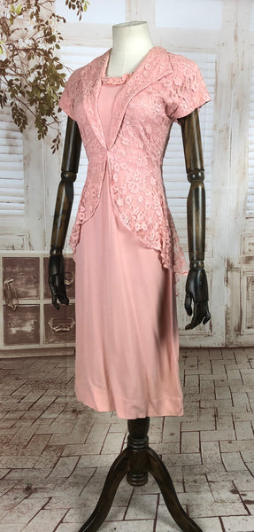 Original Vintage 1940s 40s Pink Crepe And Lace Dress By Adrian