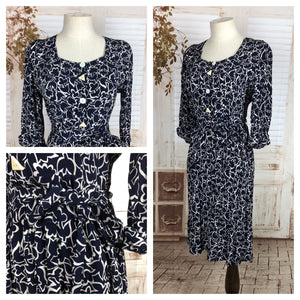 Original 1940s 40s Vintage Navy Blue And White Flower Novelty Print Rayon Day Dress