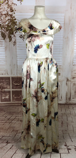 Original Vintage 1940s 40s Ivory Full Length Satin Evening Dress With Floral Print By Stamp Taylor