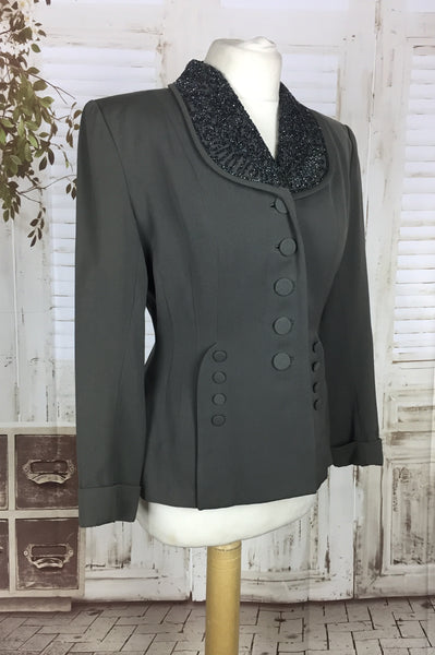 Original 1940s 40s Vintage Grey Gabardine Gab Jacket With Beaded Collar And Decorative Buttons 