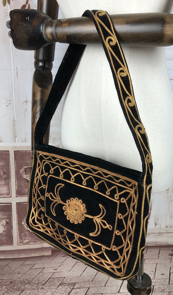 Black 1940s 40s Handbag With Gold Soutache Decoration