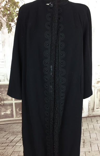 Original 1940s Vintage Black Wool Swing Coat With Soutache And Astrakhan Trim By Hutzler Brothers