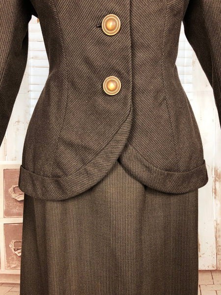 Amazing Original 1940s Vintage Chocolate Brown And Gold Needle Stripe Skirt Suit