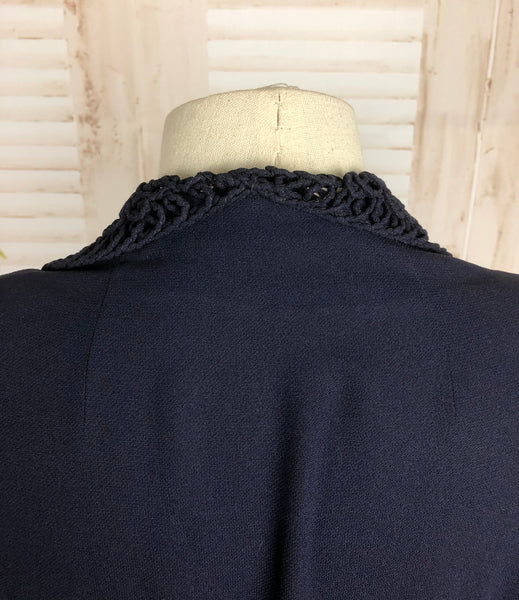 Original 1930s 30s Vintage Double Breasted Midnight Blue Volup Crepe Coat With Lattice Details