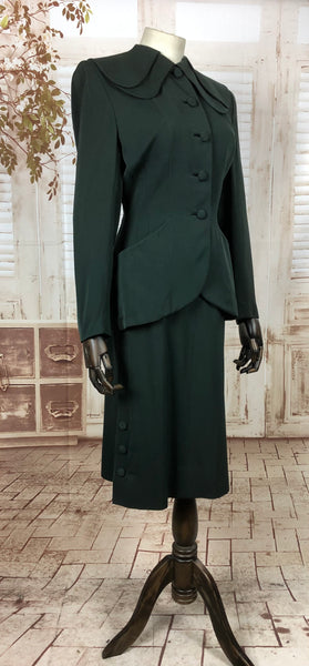 Original Vintage 1940s 40s Forest Green Gabardine Skirt Suit With Amazing Double Collar And Button Details