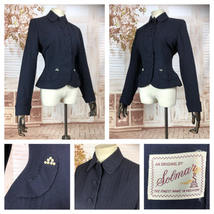 Amazing Original 1940s 40s Navy Blue Vintage Self Stripe Blazer With Arrow Detailing