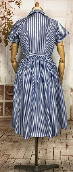 Stunning Original 1940s Vintage Blue And White Striped Belted Summer Dress