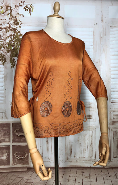 Rare Original 1920s Volup Vintage Rust Orange Silk Jersey Sweater With Beautiful Art Deco Beadwork