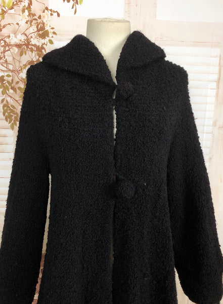 Unusual Vintage Late 1940s 40s Black Boucle Wool Cardigan Coat