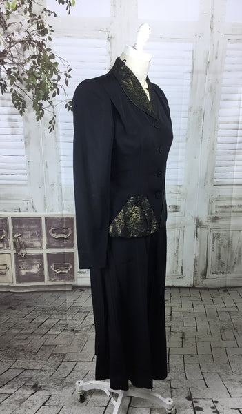 Original 1940s Black Faille Vintage Skirt Suit With Gold Lurex Collar And Pockets