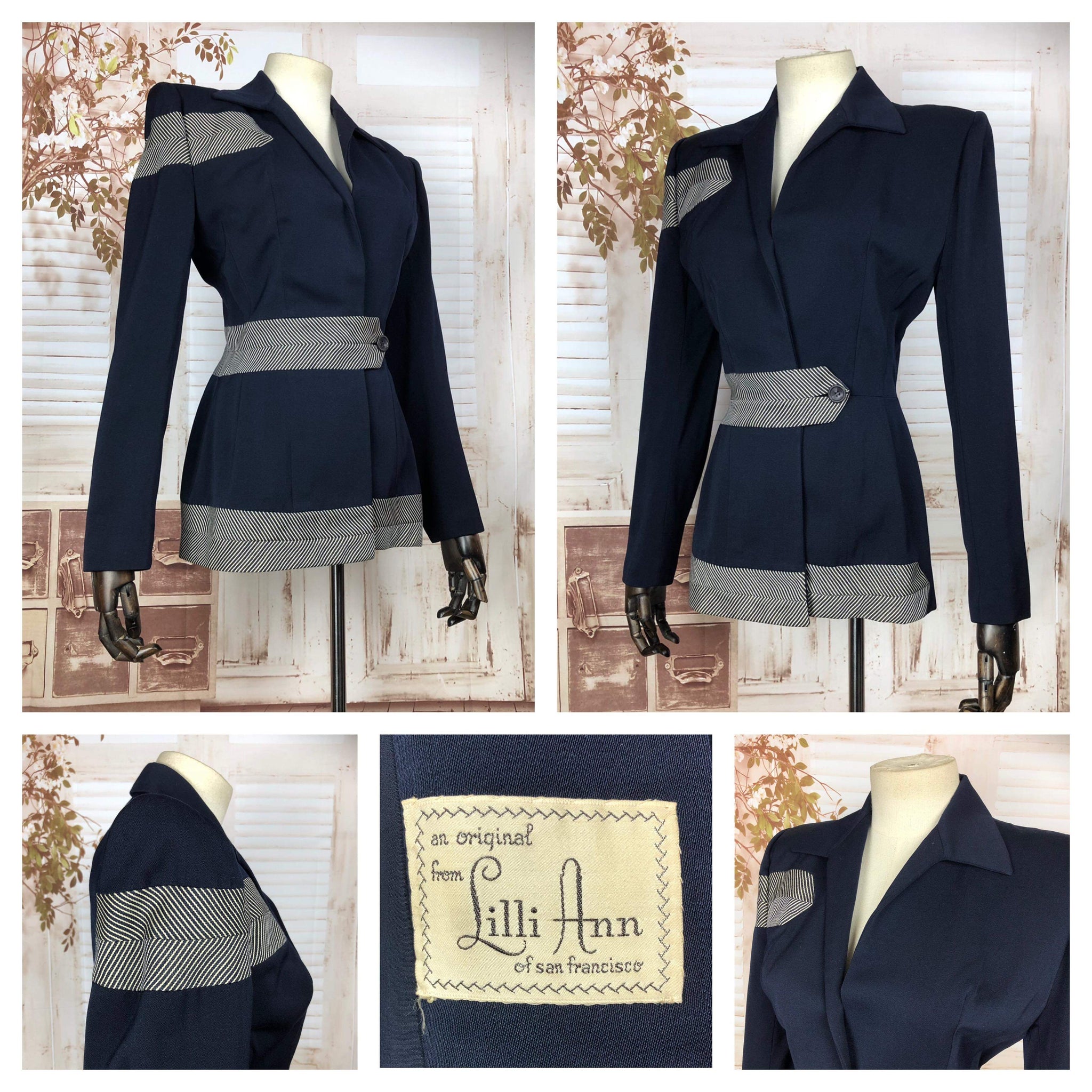 Rare Original 1950s 50s Vintage Navy Blue Lilli Ann Blazer With Wrap Around Arrow Detailing