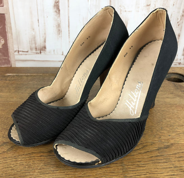 Fabulous Original 1930s Vintage Black Textured Satin Peep Toe
