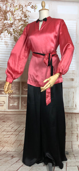 LAYAWAY PAYMENT 2 OF 2 - RESERVED FOR LIV - Exquisite Original 1930s Fuchsia Pink And Black Satin Lounge Pyjama Set With Bishop Sleeves