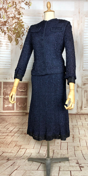 Amazing Rare Original 1940s Volup Vintage Navy Blue Ribbon Suit