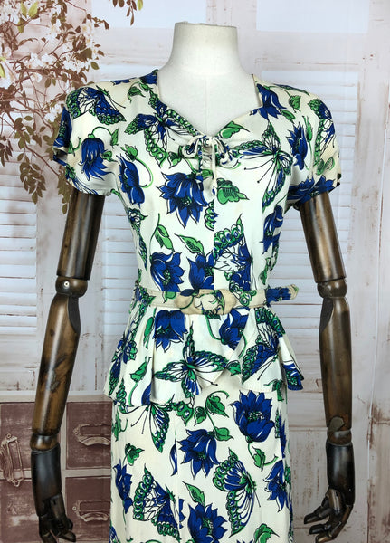 Original 1940s 40s Vintage Rayon Jersey Novelty Print Bluebell And Butterfly  Dress