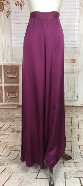 Original 1930s 30s Vintage Magenta Satin Cocktail Pyjama Trousers