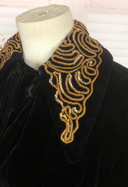 Incredible Original 1930s 30s Vintage Black Velvet Evening Coat With Gold Sequinned Collar