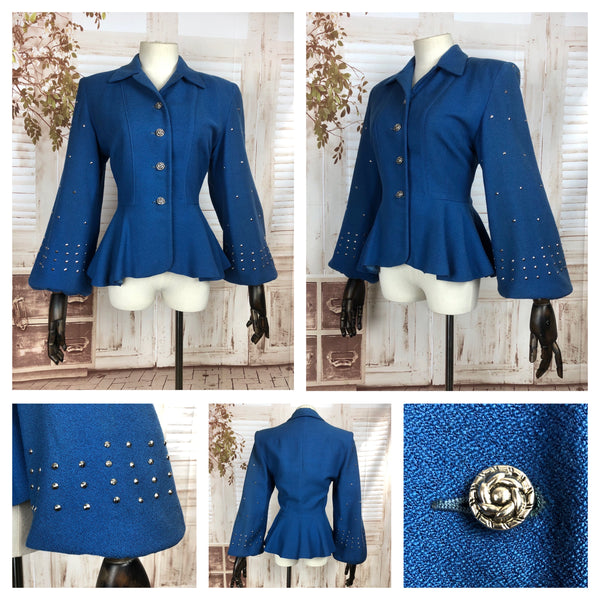 Original 1940s 40s Vintage Blue Studded Jacket With Huge Bishop Sleeves And Peplum