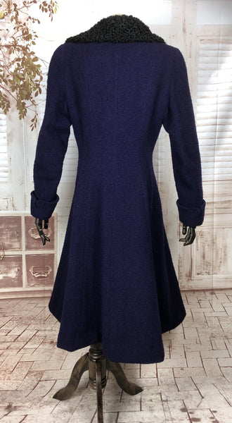 Fabulous Late 1940s Early 1950s Original Vintage Purple Boucle Wool Princess Coat With Astrakhan Collar
