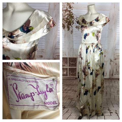 Original Vintage 1940s 40s Ivory Full Length Satin Evening Dress With Floral Print By Stamp Taylor