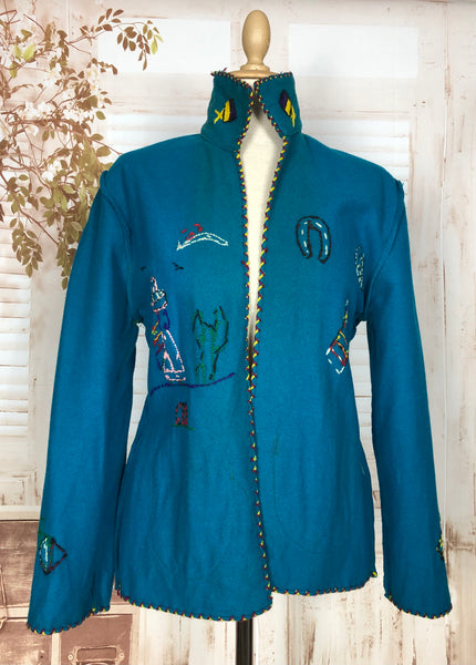 Fabulous Original 1950s Vintage Turquoise Blue Embroidered Mexican Tourist Jacket