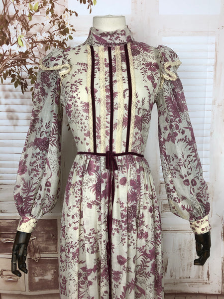 Original 1970s 70s Full Length Prairie Maxi Dress With Burgundy Velvet Trim By Marcel Fenez