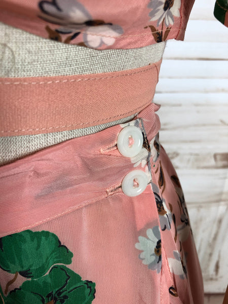 Super Rare Original 1940s Vintage Pink And Green Hawaiian Floral Print Rayon Summer Pant Suit