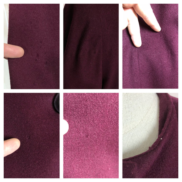 Original Vintage 1940s 40s Plum Purple Wool Collarless Coat By Cobert